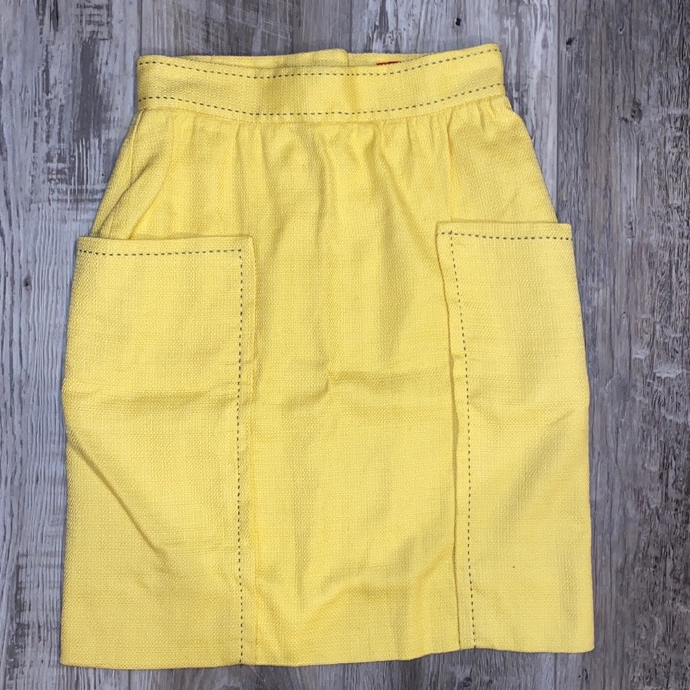 Anthropology- Cartonnier Yellow Pencil Skirt w Patch Pockets & contrasting blue - Picture 2 of 11